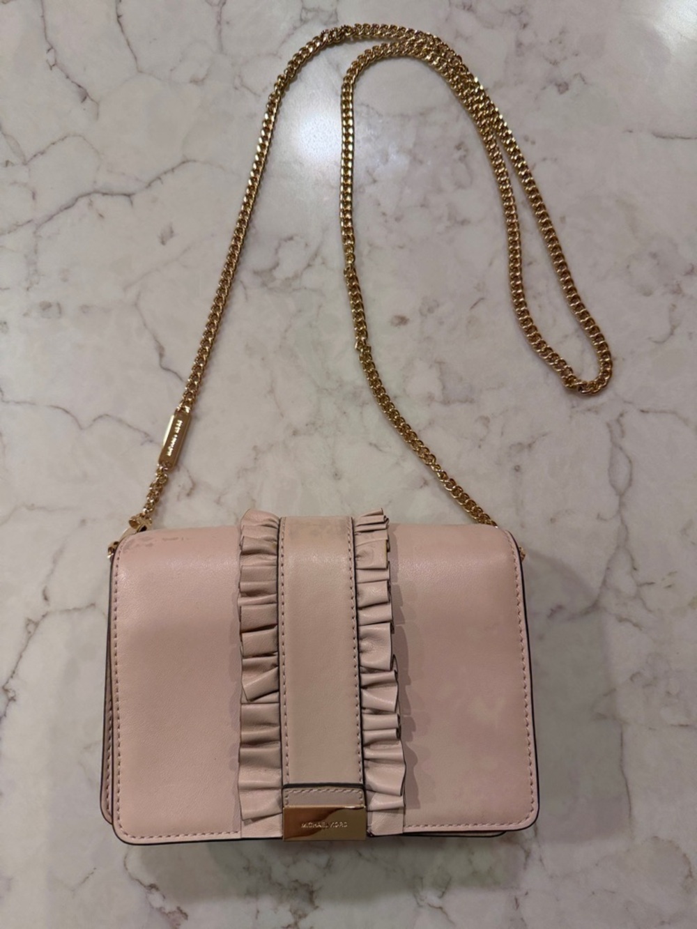 Michael Kors Blush Pink Ruffle Crossbody with Gold Chain